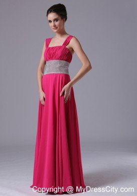 Beaded Decorated Waist Hot Pink Straps Prom Gown with Lace-up