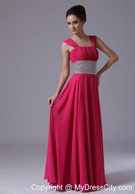 Beaded Decorated Waist Hot Pink Straps Prom Gown with Lace-up