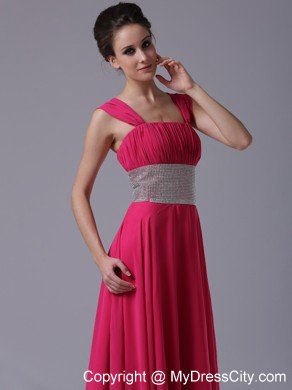 Beaded Decorated Waist Hot Pink Straps Prom Gown with Lace-up