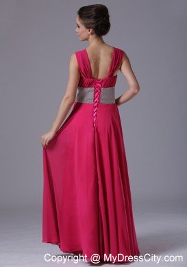 Beaded Decorated Waist Hot Pink Straps Prom Gown with Lace-up