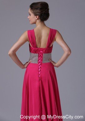 Beaded Decorated Waist Hot Pink Straps Prom Gown with Lace-up