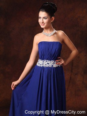 Appliques Waist Blue Chiffon Prom Gown With Lace Up Back