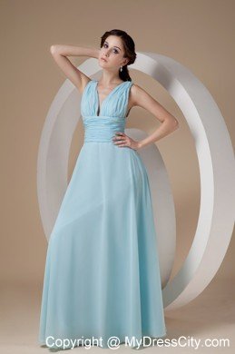 Simple Chiffon Ruched Floor-length Aqua V-neck Prom Dress