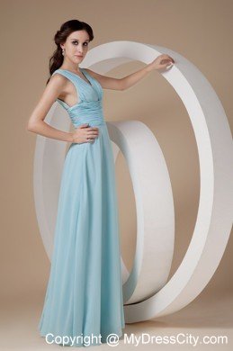 Simple Chiffon Ruched Floor-length Aqua V-neck Prom Dress