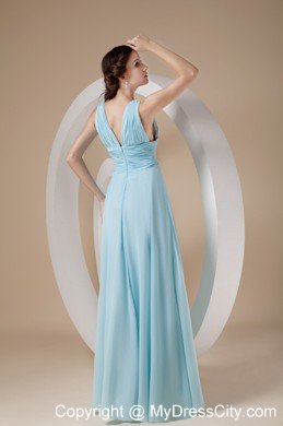 Simple Chiffon Ruched Floor-length Aqua V-neck Prom Dress