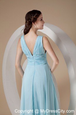 Simple Chiffon Ruched Floor-length Aqua V-neck Prom Dress