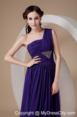 Purple One Shoulder Floor-length Chiffon Beaded Prom Dress