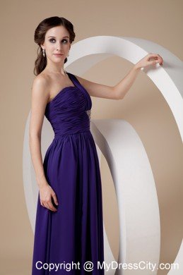 Purple One Shoulder Floor-length Chiffon Beaded Prom Dress