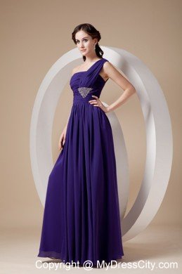 Purple One Shoulder Floor-length Chiffon Beaded Prom Dress