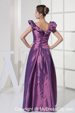 Modest Floor-length V-neck A-line Purple Taffeta Prom Dress