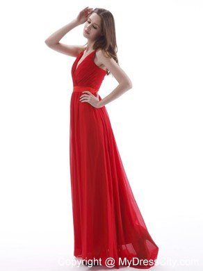 V-neck Red Ruching Sashed Prom Dress for Formal Evening