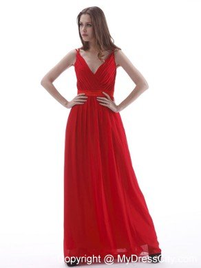 V-neck Red Ruching Sashed Prom Dress for Formal Evening