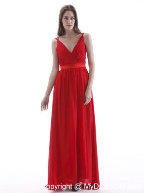 V-neck Red Ruching Sashed Prom Dress for Formal Evening