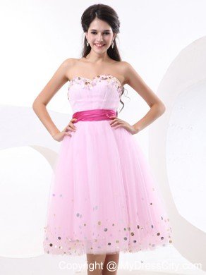 Sequin Colored Sash Baby Pink Short Cocktail Prom Dress