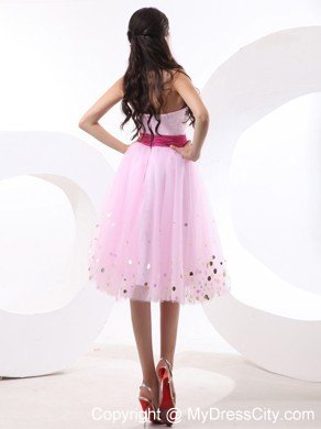 Sequin Colored Sash Baby Pink Short Cocktail Prom Dress