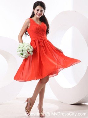 V-neck Ruched Orange Red Chiffon Prom Dress with Knee-length