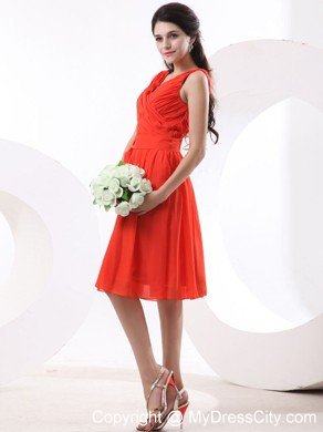 V-neck Ruched Orange Red Chiffon Prom Dress with Knee-length