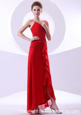 Red Spaghetti Straps Beading Layered Chiffon Prom Dresses