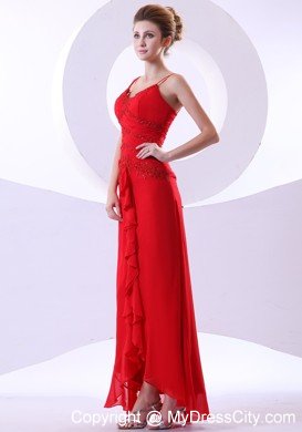 Red Spaghetti Straps Beading Layered Chiffon Prom Dresses