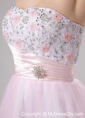 Appliques Ruched Tulle Short Pink Beading Prom Dress 2013