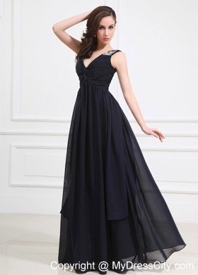 V-neck Navy Blue Beaded Shoulder Chiffon Prom Party Dress