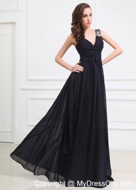 V-neck Navy Blue Beaded Shoulder Chiffon Prom Party Dress