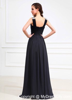 V-neck Navy Blue Beaded Shoulder Chiffon Prom Party Dress