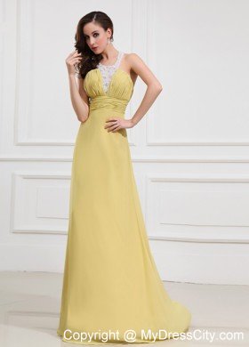 Halter Yellow Chiffon Prom Dresses with Criss Cross Back