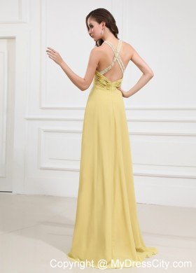 Halter Yellow Chiffon Prom Dresses with Criss Cross Back