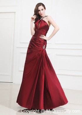 Wine Red Keyhole Halter Taffeta Beading Prom Gown Dresses