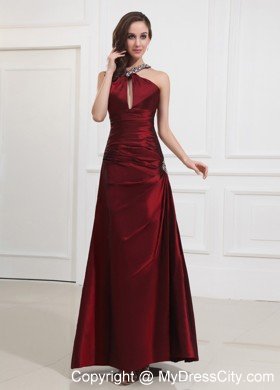 Wine Red Keyhole Halter Taffeta Beading Prom Gown Dresses