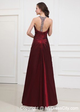 Wine Red Keyhole Halter Taffeta Beading Prom Gown Dresses