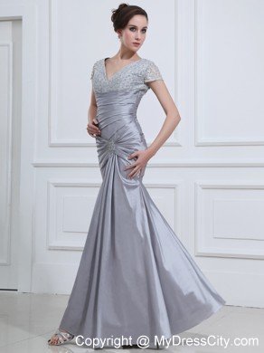 Grey Mermaid V-neck Taffeta Prom Dresses with Short Sleeves