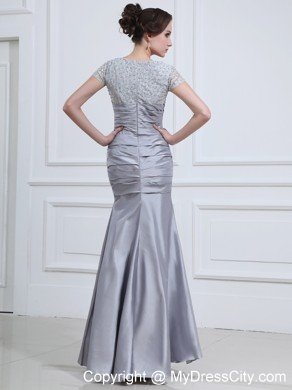 Grey Mermaid V-neck Taffeta Prom Dresses with Short Sleeves