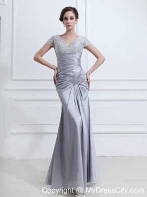 Grey Mermaid V-neck Taffeta Prom Dresses with Short Sleeves