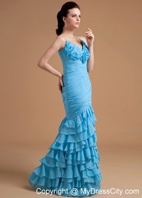 Mermaid Spaghetti Straps Ruffles Ruched Organza Prom Dress