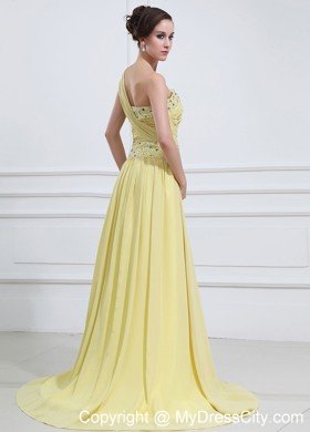 One Shoulder Bow High Slit Yellow Green Prom Dress Beaded