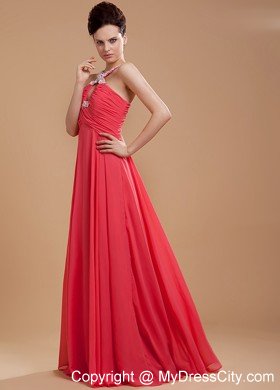 Coral Red V-neck Beaded Appliques Prom Dress with Keyhole