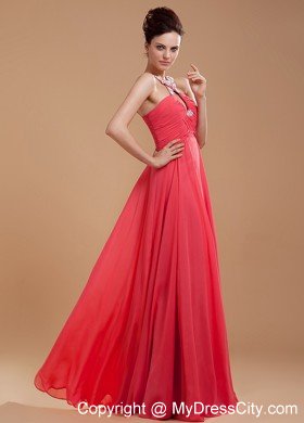 Coral Red V-neck Beaded Appliques Prom Dress with Keyhole