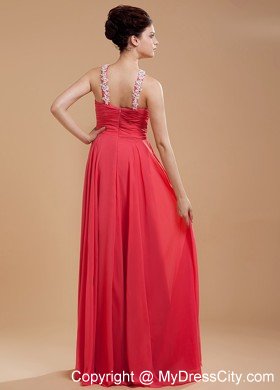 Coral Red V-neck Beaded Appliques Prom Dress with Keyhole