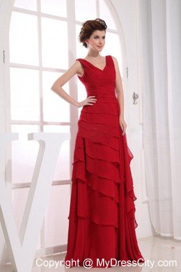 Ruffled Layers Wine Red V-neck 2013 Chiffon Prom Dresses