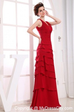 Ruffled Layers Wine Red V-neck 2013 Chiffon Prom Dresses