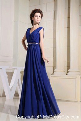 V-neck Royal Blue Beaded Prom Dress with the Back Covered