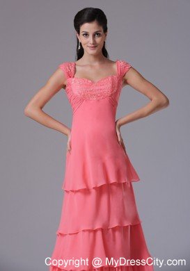 Ruffled Layeres Cap Sleeves Prom Dress Watermelon Appliques