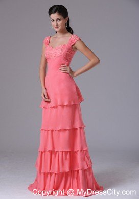 Ruffled Layeres Cap Sleeves Prom Dress Watermelon Appliques