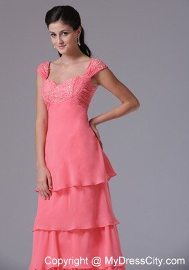 Ruffled Layeres Cap Sleeves Prom Dress Watermelon Appliques