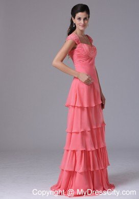 Ruffled Layeres Cap Sleeves Prom Dress Watermelon Appliques