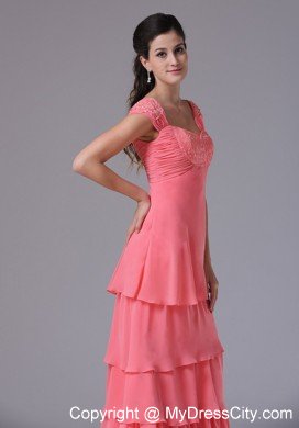 Ruffled Layeres Cap Sleeves Prom Dress Watermelon Appliques