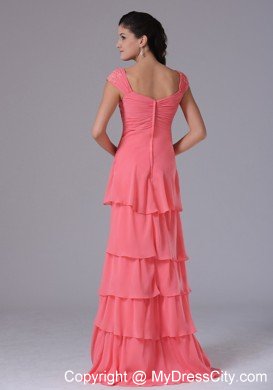 Ruffled Layeres Cap Sleeves Prom Dress Watermelon Appliques