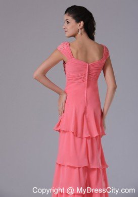 Ruffled Layeres Cap Sleeves Prom Dress Watermelon Appliques